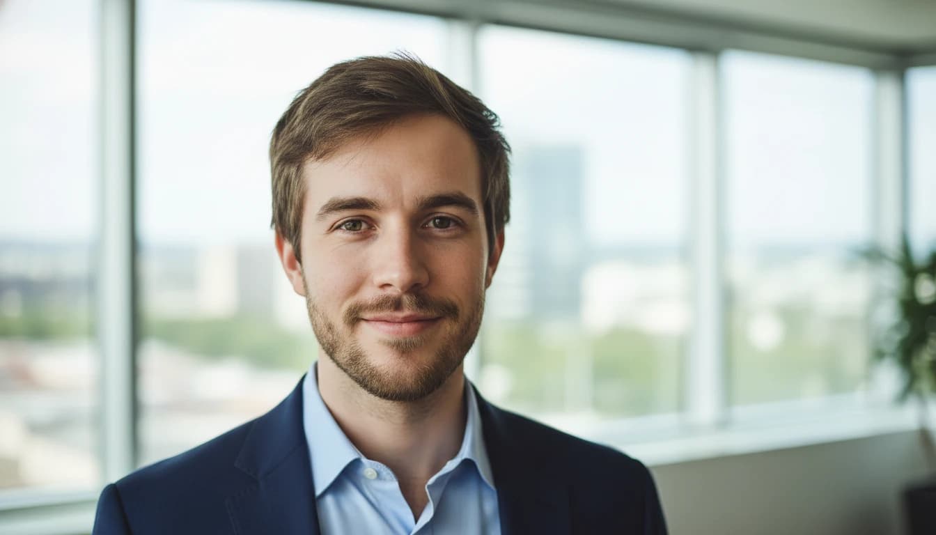 Professional LinkedIn headshot of a man in business attire with a softly blurred office background — Video Studio AI portrait prompt example