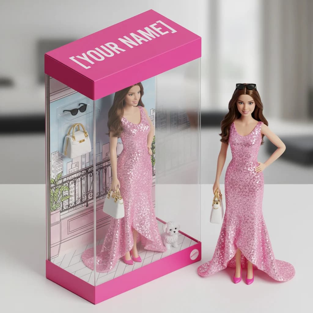 AI-generated Barbie doll figurine sealed inside a glossy pink toy box with designer accessories — Video Studio AI Barbie filter prompt example
