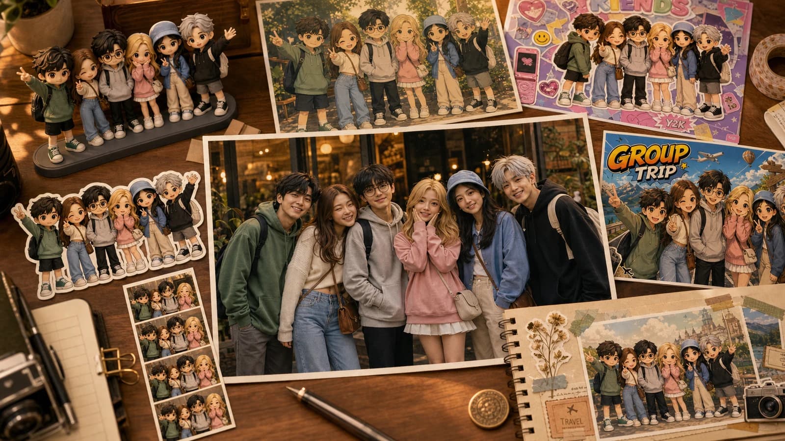 Creator desk with a group photo, 3D figurines, anime postcard, Y2K collage, manga cover, photobooth strip, and scrapbook examples for Video Studio AI
