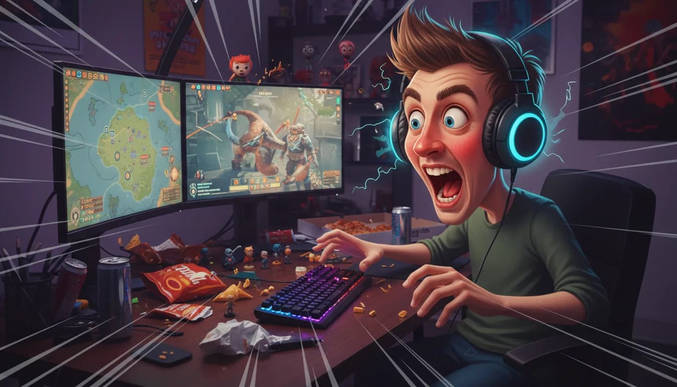 Vibrant cartoon caricature of a gamer with oversized headphones and multiple screens in dynamic comic style — Video Studio AI ChatGPT caricature prompt example