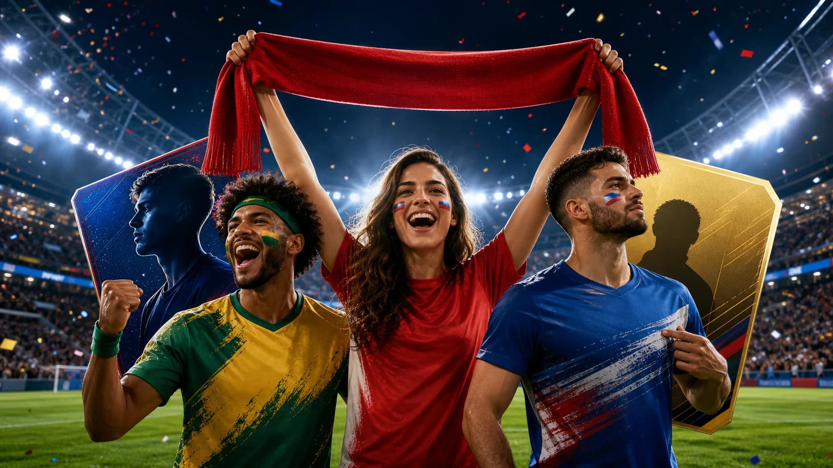 World Cup-style football fan poster cover with stadium lights, country-color outfits, and trading-card shapes generated with Video Studio AI