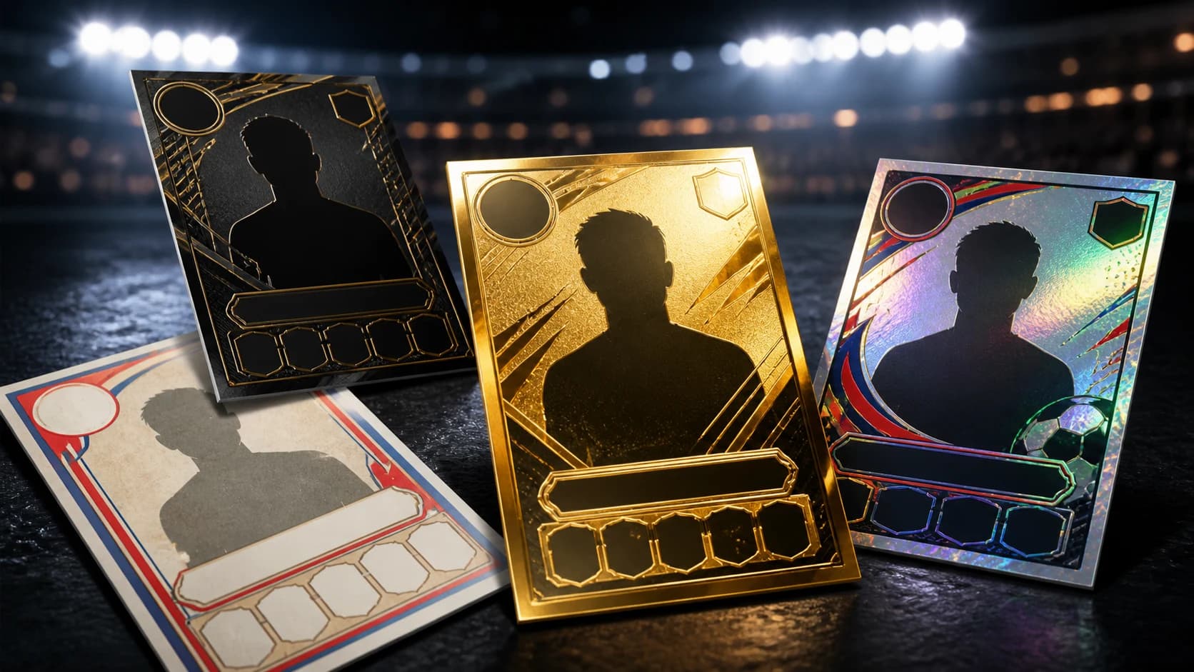 Blank World Cup-style football card templates with gold, black, retro, and holographic collector-card designs generated with Video Studio AI