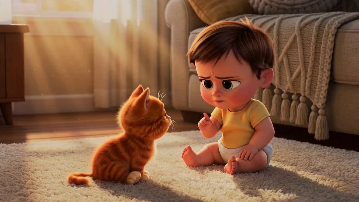 Vista previa del prompt de video Seedance 2.0: Tierna discusión entre una niña pequeña y un gatito