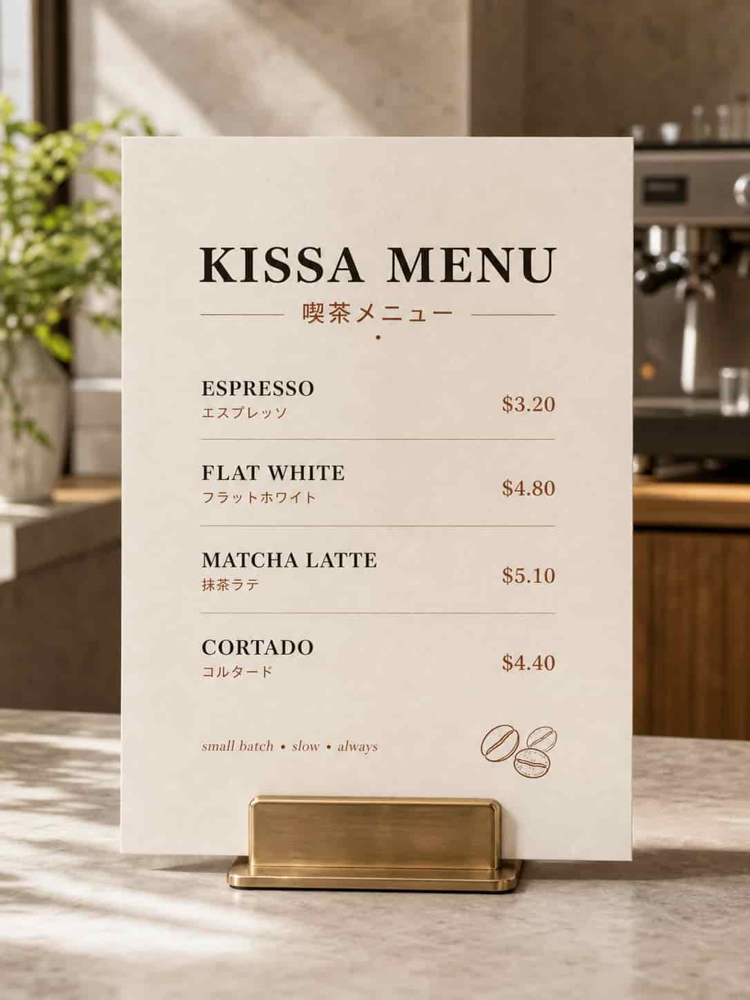 Multilingual cafe menu with legible printed text, generated by Video Studio AI