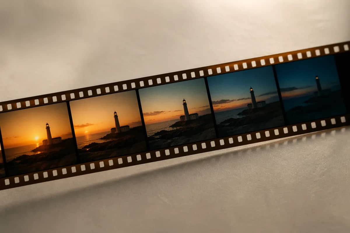Cinematic 35mm film strip showing video frames generated by Video Studio AI