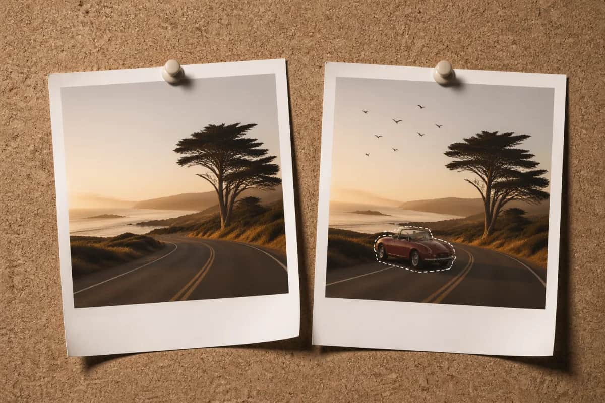 Before-and-after polaroid pair showing a masked edit by Video Studio AI