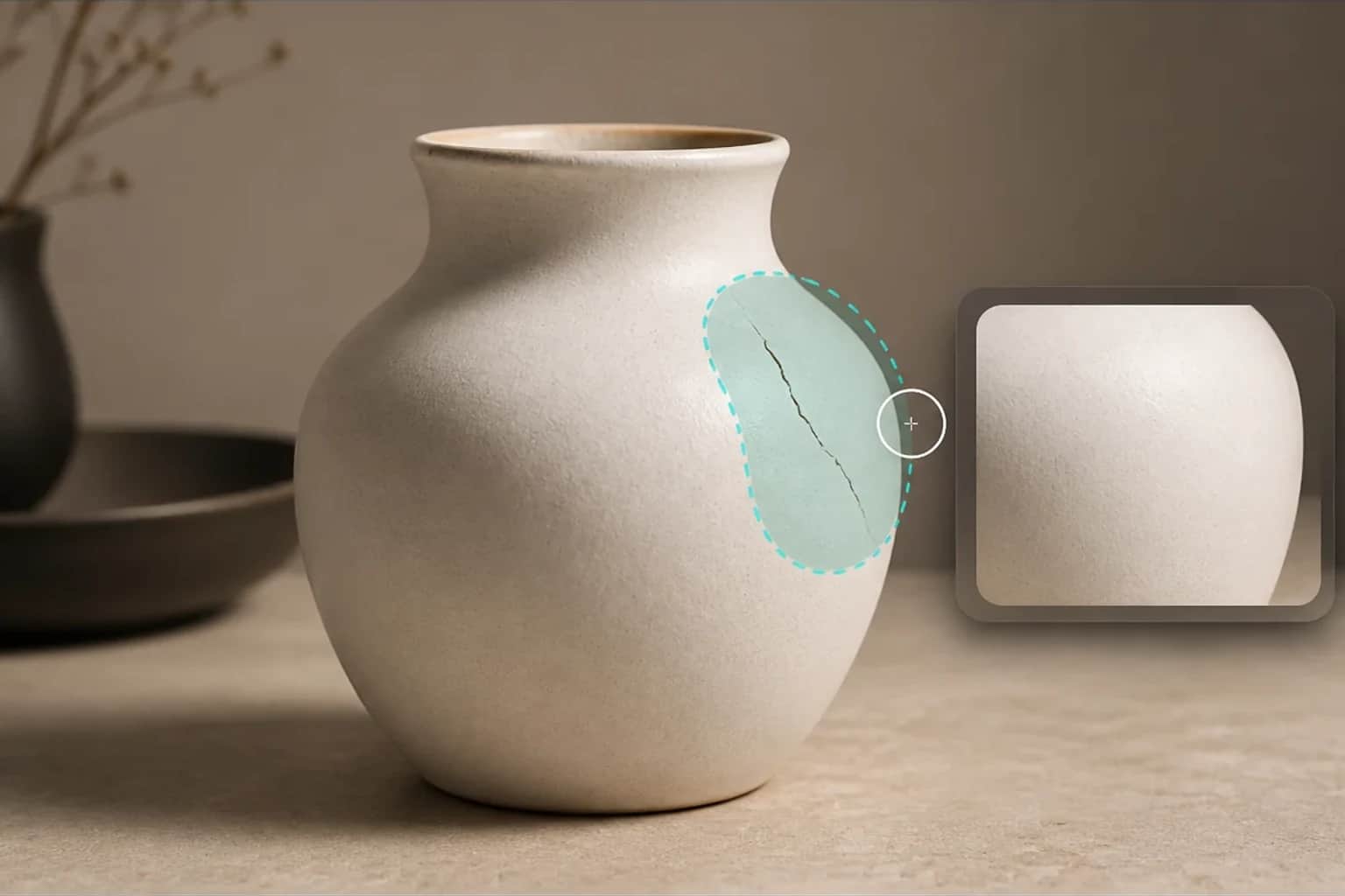 Cracked area on a vase selected and repaired