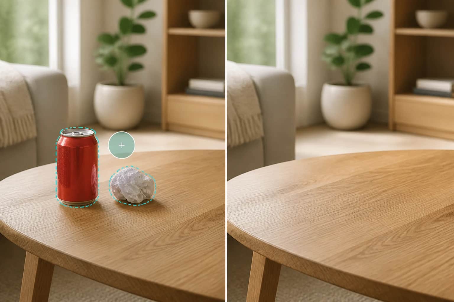 Red can and crumpled paper selected, then removed from a coffee table