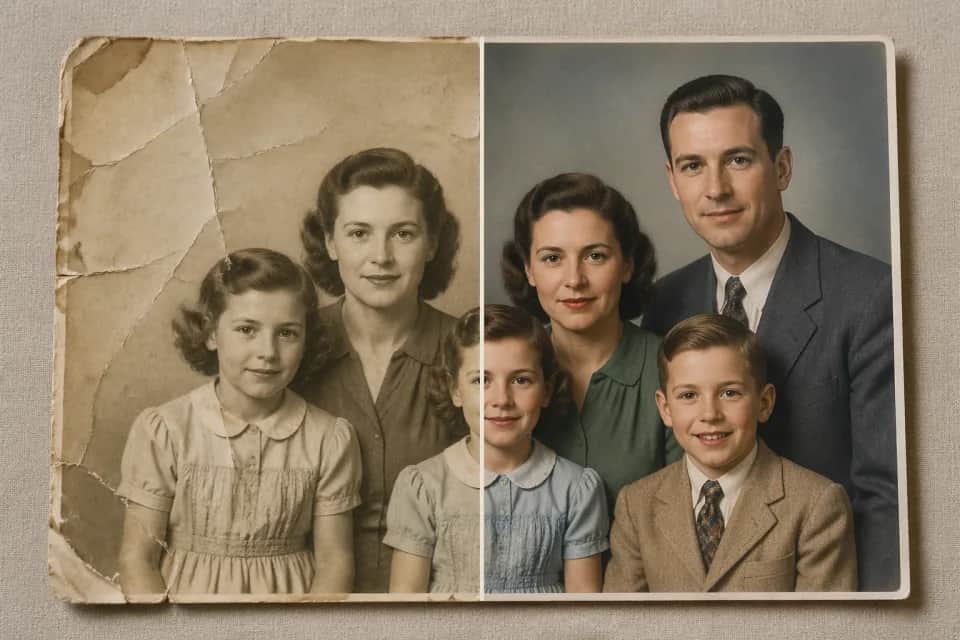 Old faded photo restored to crisp color by Video Studio AI