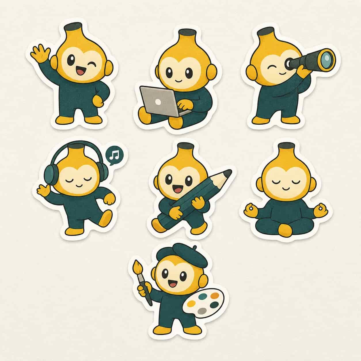 Sticker pack with cohesive character artwork, generated by Video Studio AI