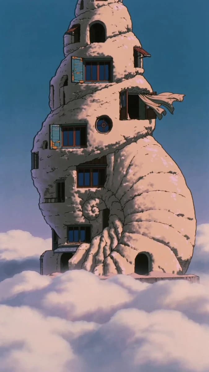 Vorschau zum Seedance 2.0 Video-Prompt: 90er-Jahre Retro-Anime-Animation eines Muschelturms