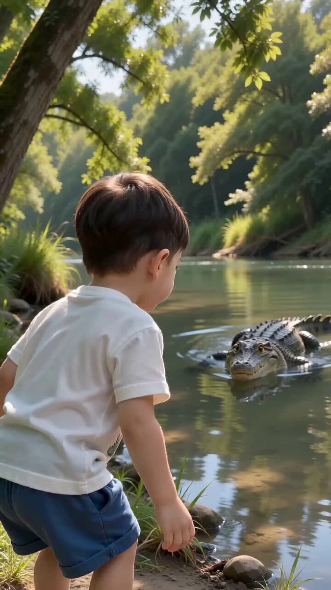 Aperçu du prompt vidéo Seedance 2.0 : Rencontre boueuse entre un garçon et un crocodile