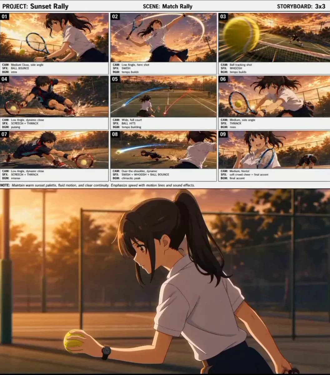 Cinematic Anime Tennis Match Seedance 2.0 video prompt preview