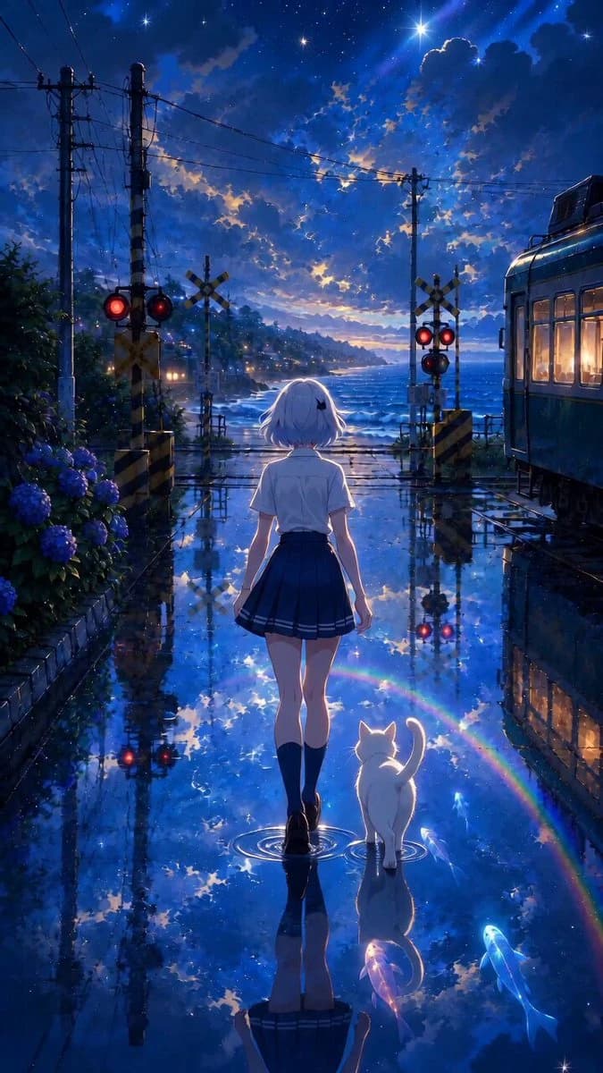 Anteprima del prompt video Seedance 2.0: Scena anime cinematografica in riva al mare sotto la pioggia