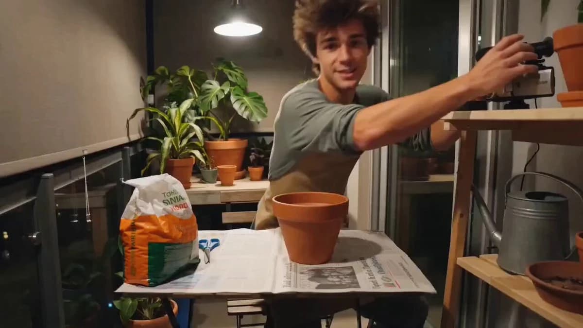 Vista previa del prompt de video Seedance 2.0: Storyboard para un vlog acogedor de trasplante de plantas por la tarde