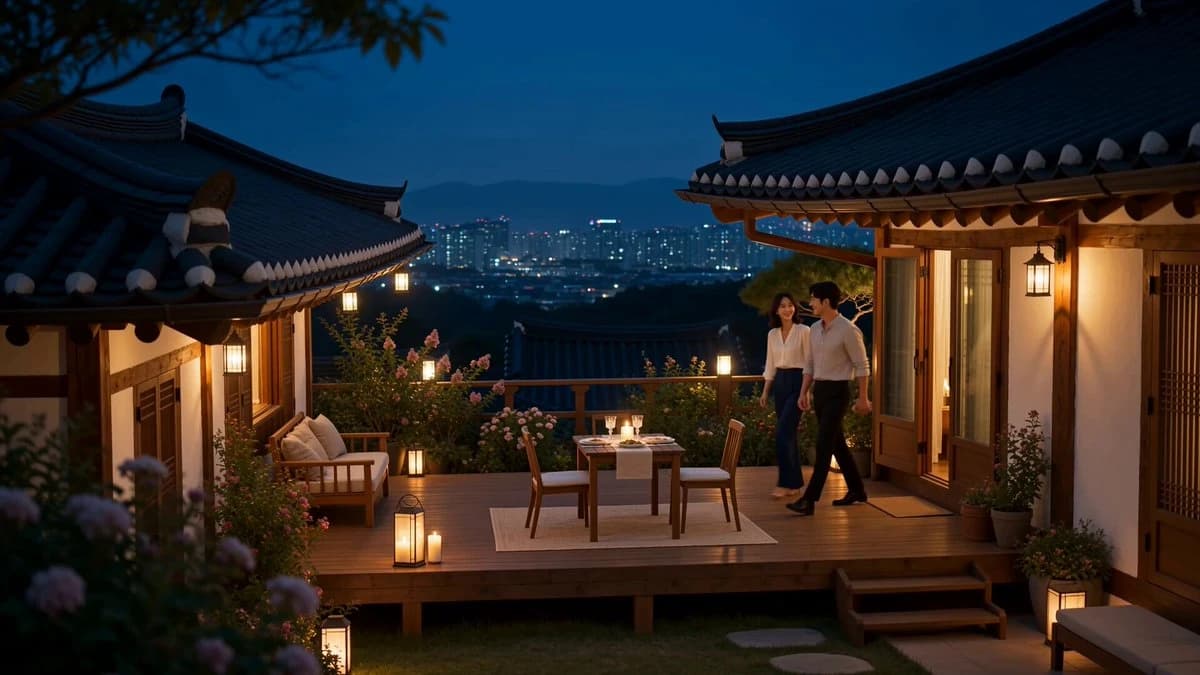 Vorschau zum Seedance 2.0 Video-Prompt: Romantisches koreanisches Paar beim Abendessen im Innenhof