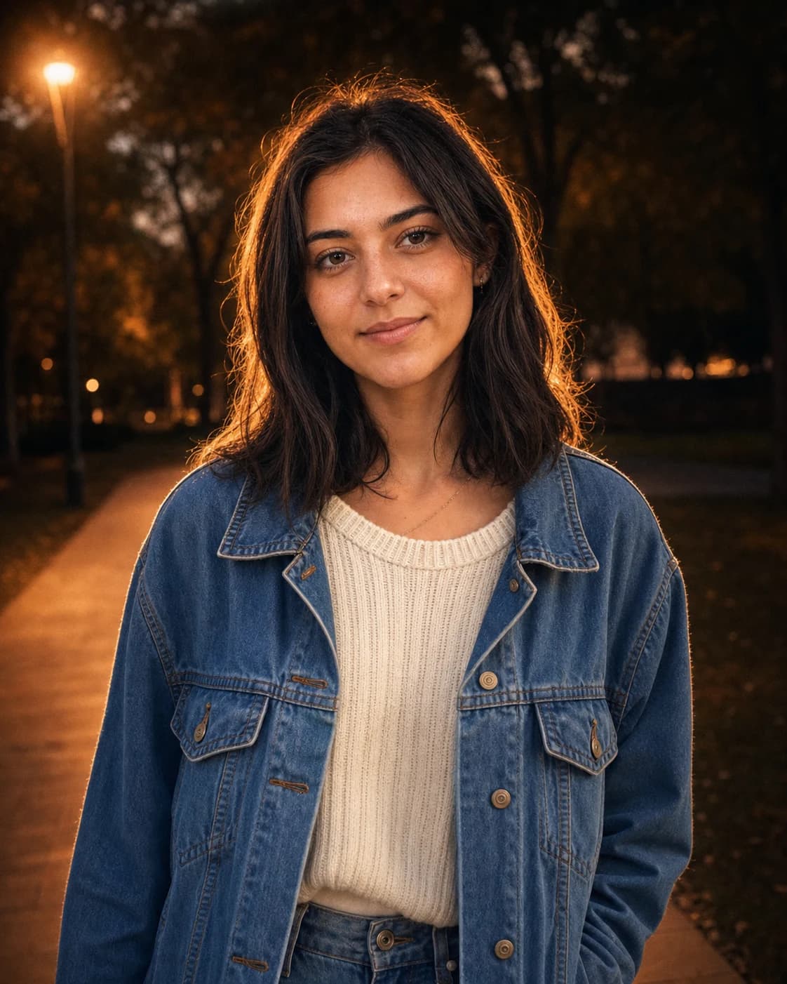 Lofi Dusk Filter portrait — moody dusk background, warm rim light, direct flash, film grain — generated with Video Studio AI